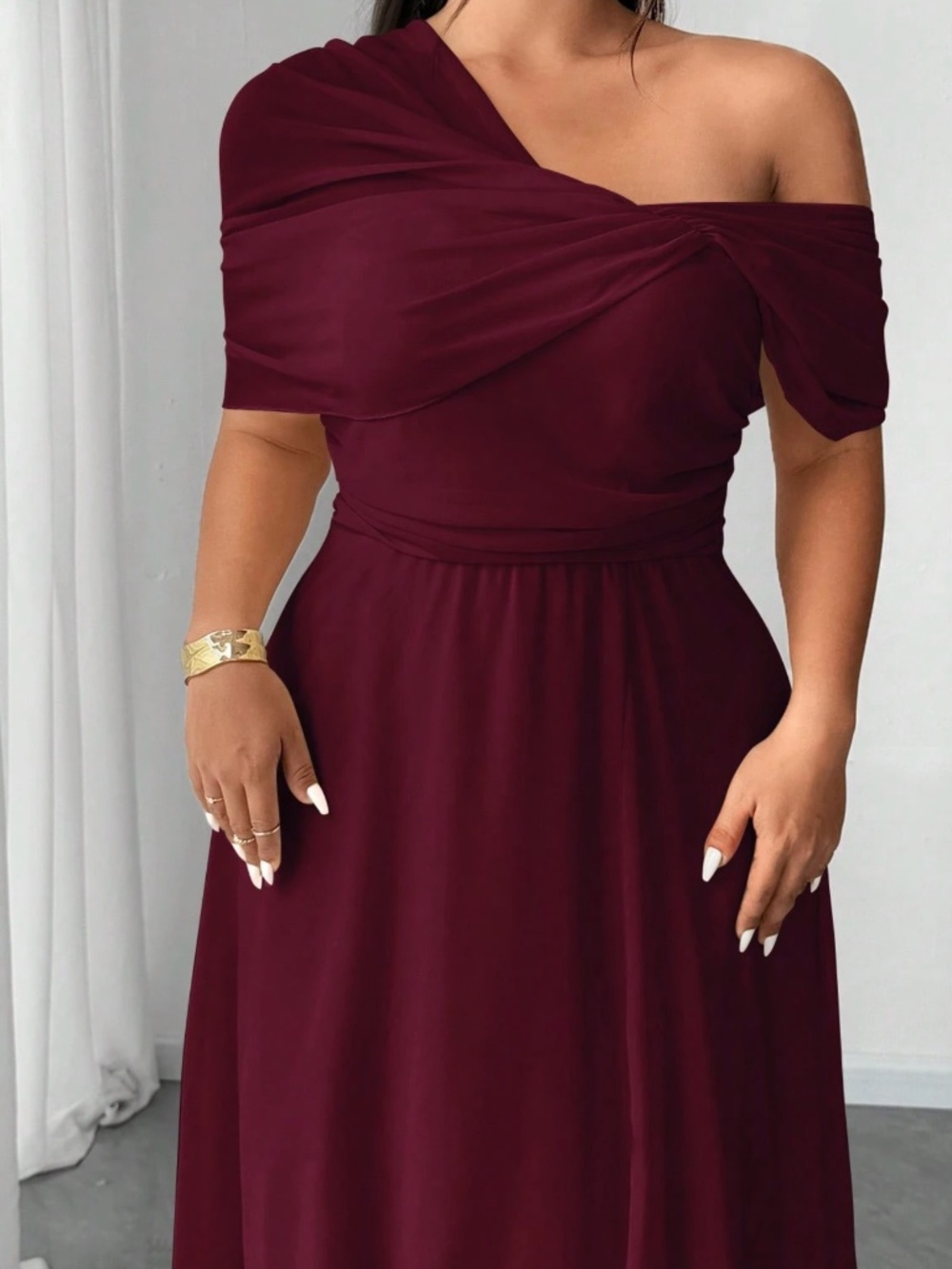 Plus Sold Ruched One Shoulder Split thigh Party Evening Dress - Picture 5 of 12